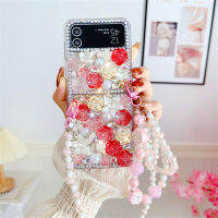 YIQIAN เคสผู้หญิงหญิงสาว Samsung Galaxy Z Flip 4 5G ลายเคสพร้อมสายคาดระยิบระยับดอกไม้ทำด้วยมือ3D ประกายเพชรคริสตัลที่สวยงามเคสโทรศัพท์ PC แบบแข็งสำหรับ Galaxy Z Flip 4ผู้หญิงหญิงสาว