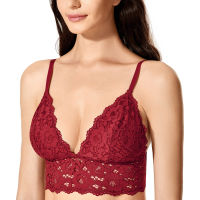 DOBREVA Womens Lace Bralette Wireless Plunge Longline Bra With Removable Pads