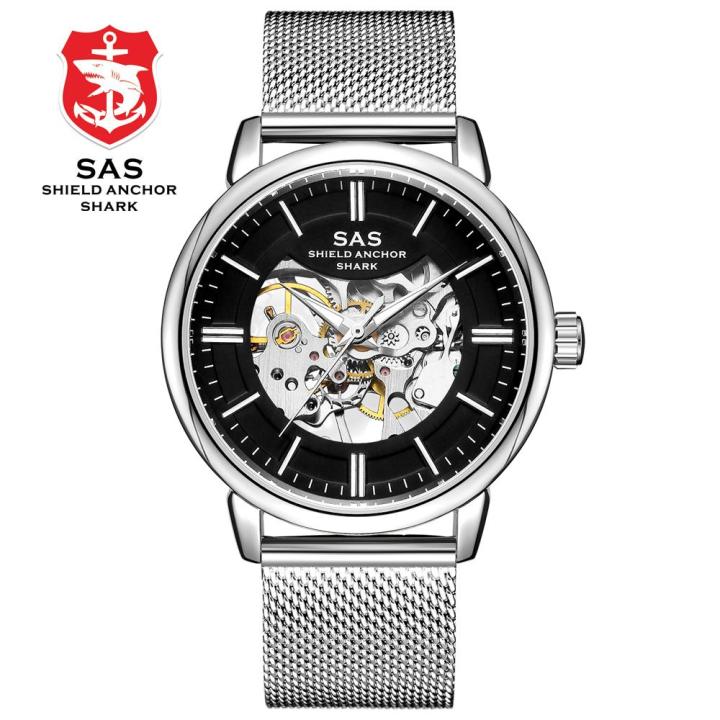 sas-นาฬิกาสแตนเลสโครงกระดูกจักรกลอัตโนมัติผู้ชายทัวร์จุดยึดโล่ฉลามพร้อมกล่องของขวัญ