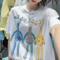 ◕✣▤ New Luxury Sweet Girl Giraffe Diamonds Crystals T Shirts Korean Fashion Ladies Tops High Quality Cotton Short Sleeve Summer Tee