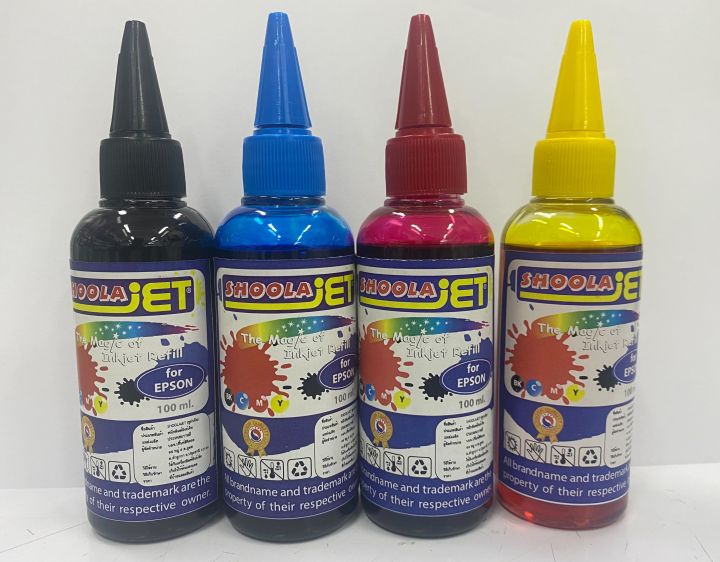 SHOOLA JET FOR EPSON Inkjet หมึกเติมอิงค์เจ็ท CANON ขนาด 100 ml. ( ชุด​ 4 สี.​ BLCK/CYAN/MAGENTA/YELLOW) .