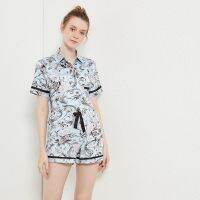 Woman Summer New Style Striped Contrast Color Printing Flower Vine Satin Home Service Pajamas Short-sleeved Shorts Suit