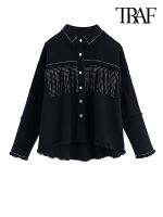 ZZOOI TRAF Women Stylish Tassel Beaded Oversized Denim Jacket Coat Vintage Fashion Long Sleeve Frayed Trim Outerwear Chic Loose Tops