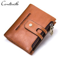 CONTACTS Wallet Crazy Horse Genuine Leather Double Zipper Hasp Wallets Short Coin Purse With Card Holders Male portomonee Walet