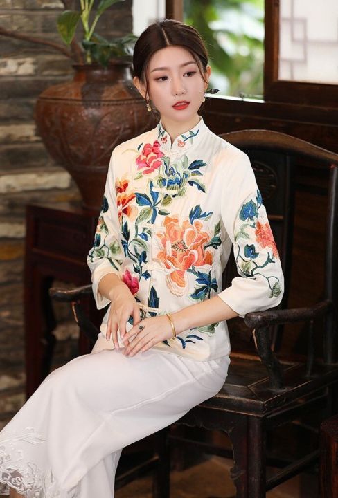 เสื้อกี่เพ้าจีนโบราณสำหรับผู้หญิง-เสื้อเบลาส์ปักลายเสื้อกี่เพ้าวินเทจสไตล์ตะวันออกสำหรับฤดูใบไม้ร่วงปี2022