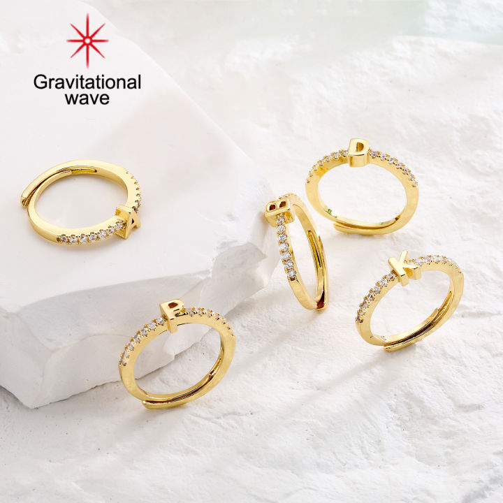 แหวนปรับระดับได้คลื่นความโน้มถ่วงเปิด26ตัวอักษรชุดเพชร-faux-ประกายตัวอักษรแหวนสวมใส่ทุกวันแหวนตัวอักษร