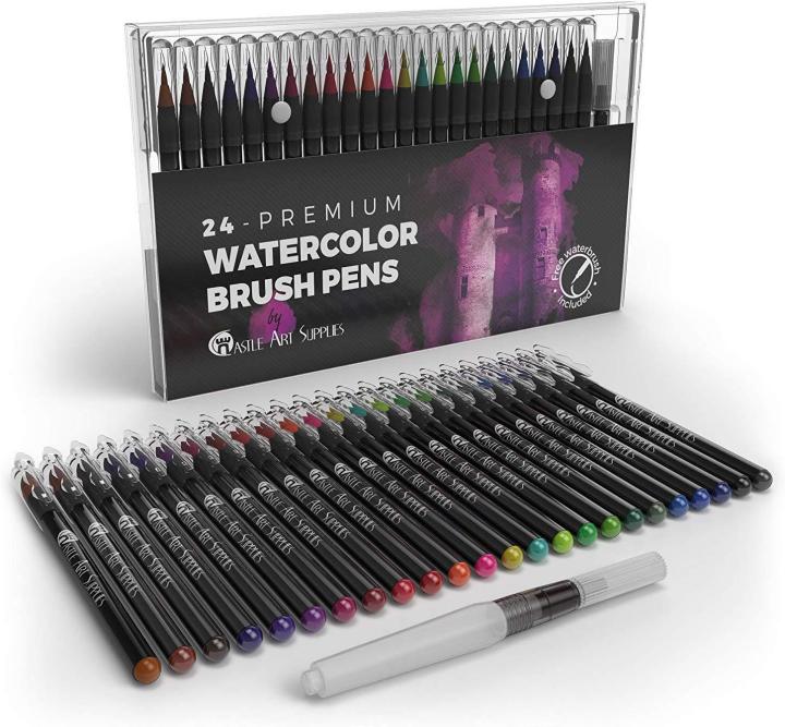 Castle Art Supplies Watercolor Brush Pens Set of 24 - Vibrant Markers with Flexible Nylon Brush Tip