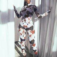 Retro Print Long Sleeve 2-Piece Sexy Workout Fitness Sportswear Autumn