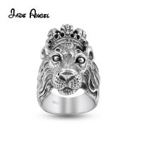 JADE ANGEL Solid 925 Sterling Silver Lion Ring Head Crown Mens High Quality Rock Punk Jewelry Accessory Index Finger Rings