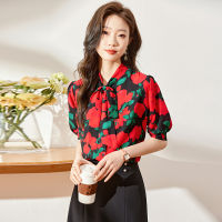 Spot Fast Shipping Retro Red Flower Shirt WomenS Mid -Sleeved Summer 2023 New French Hong Kong Style High -Level