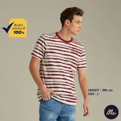 Mc Jeans เสื้อยืดแขนสั้นผู้ชาย คอกลม ลายริ้ว สีแดงเลือดหมู-ขาว MTSZ976