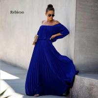 Off Shoulder Chiffon Dress Women Summer Dress Ruffle Pleated Long Dress Casual Solid Elegant Holiday Loose Beach Dress