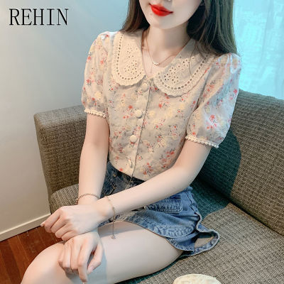 REHIN เสื้อเชิ้ตชีฟองเสื้อสไตล์แขนสั้นสไตล์ฝรั่งเศสสำหรับผู้หญิงลายดอกไม้ปกตุ๊กตามีเอกลักษณ์