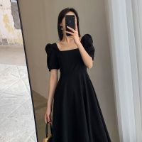 Black dress womens 2020 summer new ins tea break skirt temperament square collar over the knee long Hepburn style small black dress