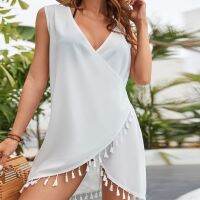 【CC】 Tassel Bathing Cover Up Color Swimsuit V-Neck Sleeveless Fashion Protection Clothing