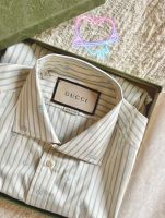 A.L.I.C.E Gucci เสื้อเชิ้ตแขนยาวลายทางสีน้ำเงินและสีขาวโลโก้ gucci