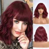 Wine Red Short Wave Daily Colored Hair Synthetic Wig With Bangs For White Women Natural Cosplay Heat Resistant Fiber Female Wigs Wig  Hair Extensions