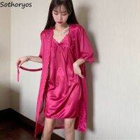 Robes Gown Sets Women V-Neck Lace Knee-Length S-3XL Sweet Half Sleeve Draped Cozy Sexy Elegant Lady Sleepwear 2Pcs Korean Style