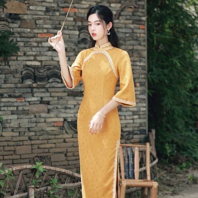 【ในสต็อก】สีเหลือง3/4หลวมแขนยาว Cheongsam หนังนิ่มบางแม่ชุดที่สง่างามชุดราตรีแบบดั้งเดิมวินเทจ Qipao
