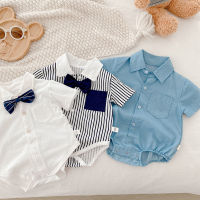 MILANCEL 2022 Summer Baby Bodysuits Front Bow Tie Infant Boys Striped Baby Clothing