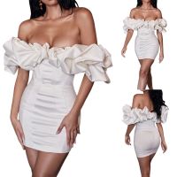 Omkzanbi Women Sexy Bodycon Mini Dress Off Shoulder Ruffle Frill Trim Puff Sleeve Low Cut Ruched Tube Dress Cocktail Party