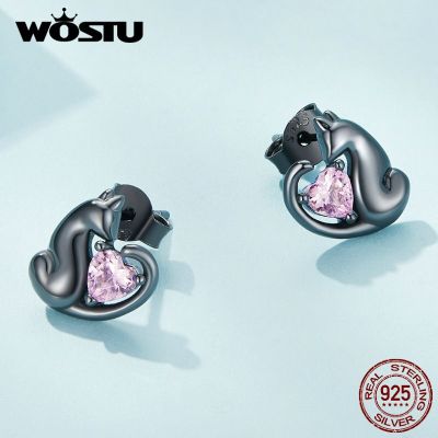 WOSTU 925 Sterling Silver Cute Kitty Earrings Plated Platinum Cat Ear Studs With Pink Zircon For Women Daily Party Jewelry GiftTH