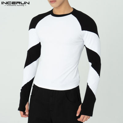 INCERUN เสื้อยืดลำลองแขนยาวสำหรับผู้ชายคอกลมเย็บปะติดปะต่อกันเสื้อกีฬาใส่ออกกำลังกาย (สไตล์เกาหลี)