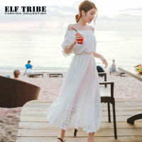 ELF TRIBE ชุดเดรสเปิดไหล่ข้างเดียวสำหรับผู้หญิง,ชุดแนวโบฮีเมียนชายหาดสีขาว