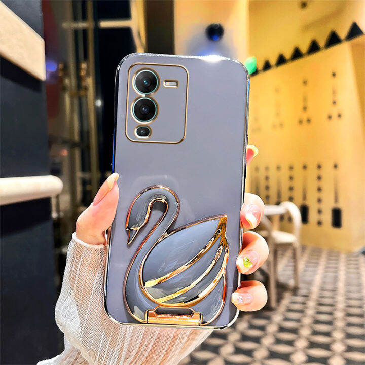 andyh-phone-case-for-vivo-v25-pro-5g-case-new-3d-swan-retractable-stand-phone-case-plating-soft-silicone-shockproof-casing-protective-back-cover