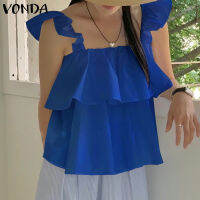 VONDA เสื้อกั๊กแขนกุดคอสี่เหลี่ยมมีสายรัดสำหรับวันหยุดของผู้หญิงเสื้อกั๊กสีพื้นมีระบายสองชั้น (ลายดอกไม้เกาหลี)