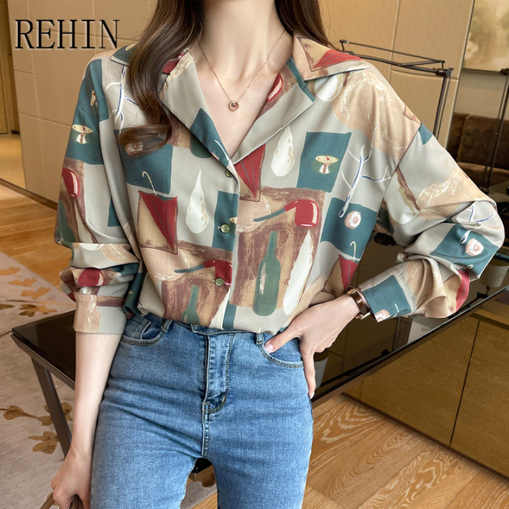 rehin-เสื้อผู้หญิงแฟชั่นใหม่ฤดูใบไม้ผลิวินเทจฮ่องกงพิมพ์ลายเสื้อแขนยาว