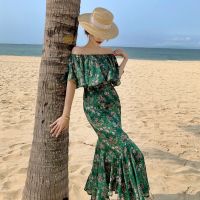 Sweetshuang 2022ฤดูร้อนผู้หญิงแฟชั่น Slim Retro อ่อนโยนหวานสีเขียวดอกไม้ One-Shoulder Backless Tropical วันหยุดยาว Fishtail กระโปรง Beach Dress