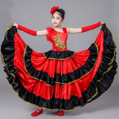 ☜❉☄ Children Spanish Flamengo Dress for Girl Bullfighting KIds Belly Dance Costume Ballroom Gypsy Chorus Stage Performance Vestidos