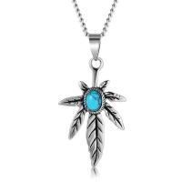 Classic Men Blue Turquoise Feather Necklace Male Titanium Steel Leaf Pendant Chain Necklaces Jewelry