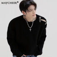 MAYCHEER   เสื้อสเวตเตอร์ดีไซน์ผู้ชายทรงหลวมมีสไตล์เสื้อถักแบบลำลองไฮเอนด์