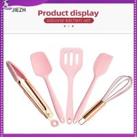 JIEZH 5 pcs โรสโกลด์ ชุดเครื่องครัวห้าชิ้น ซิลิโคนทำจากซิลิโคน สีชมพูอมชมพู เครื่องมือครัวซิลิโคน เล็กๆน้อยๆ ไม่ติดกระทะ ชุดทำอาหารในครัว อุปกรณ์สำหรับห้องครัว