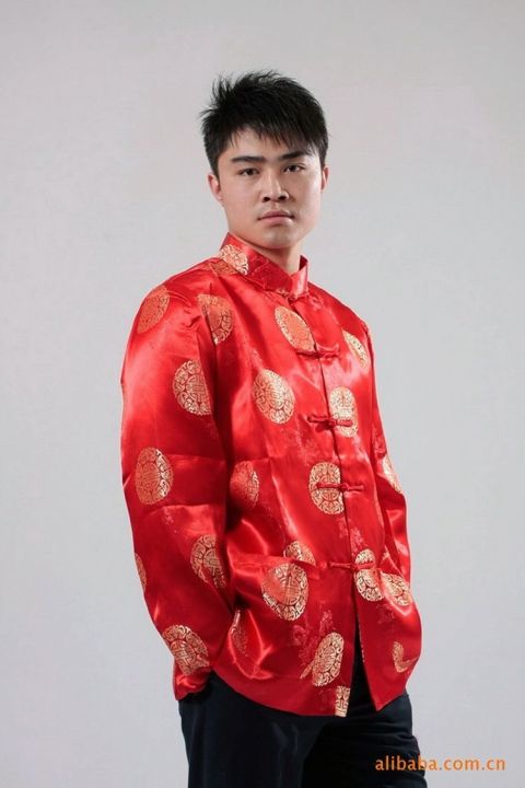 ผู้ชายสีแดงชุดปีใหม่ผู้ชายแขนยาวย้อนยุค-tang-ชุดเสื้อจีน