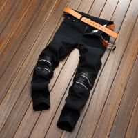 Mens casual pants Black straight pants leather U spliced zipper decoration large size mens pants Nightclub in Europe and Ameri