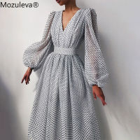 20212021 Spring Evening Womens A-line Dress Polka Dot V-neck Mesh Puff Sleeve Female Midi-length Dresses Elegant Party Lady Robe