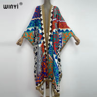 2022 WINYI แอฟริกาปาร์ตี้ฤดูร้อนบีชสวมชุดว่ายน้ำผู้หญิงที่สง่างาม Kaftan Boho คาร์ดิแกนที่มีสีสันเซ็กซี่วันหยุดแขนยาวกิโมโน