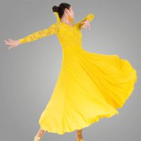 ❃☫☃ Adult women 39;s national standard dance modern dance waltz costume solid color long-sleeved stretch elegant dress practice clothes