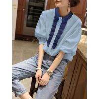 Design Sense Wooden Ear Lantern Bubble Sleeve Coat Women Chiffon Shirt Blue Spring And Summer 2022 New European Station