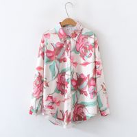 European and American style womens new flower print loose lapel long-sleeved fashion shirt