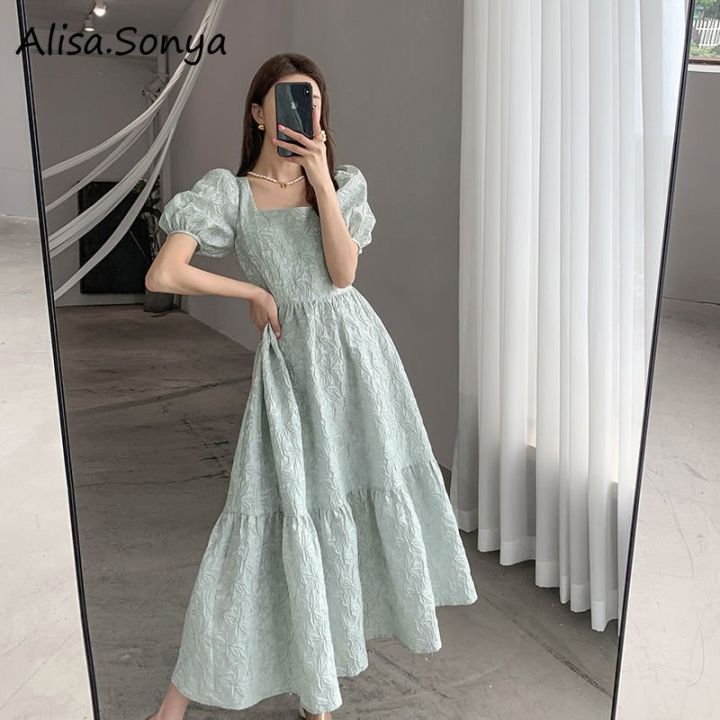 Alisa.Sonya Women Maxi Floral Dresses Bubble Sleeve Korean Style A-Line ...
