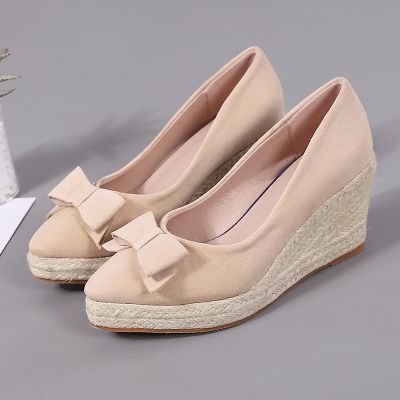 Documentary shoes female end of the spring and autumn period and the new thick high slope with bowknot straw rope light mouth single shoes bottom