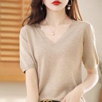 Womens Cashmere Sweater V-Neck Pullover Short Sleeve Knitt T-shirt Female Summer Basic Loose Thin Section Female Top Sells Well