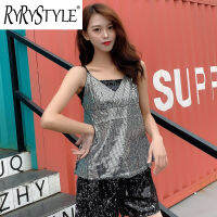 RYRYSTYLE ชุด MODE Korea ปักเลื่อมสำหรับงานเลี้ยงตอนเย็นชุดเสื้อกล้ามคอวีสำหรับผู้หญิงใส่ได้หลากหลายเทรนด์เซ็กซี่เสื้อเอวลอย