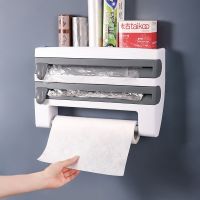 Non-punch Hanging Plastic Wrap Cutter Kitchen Paper Plastic Wrap Tinfoil Storage Shelf Organizer Household Kitchen Tools