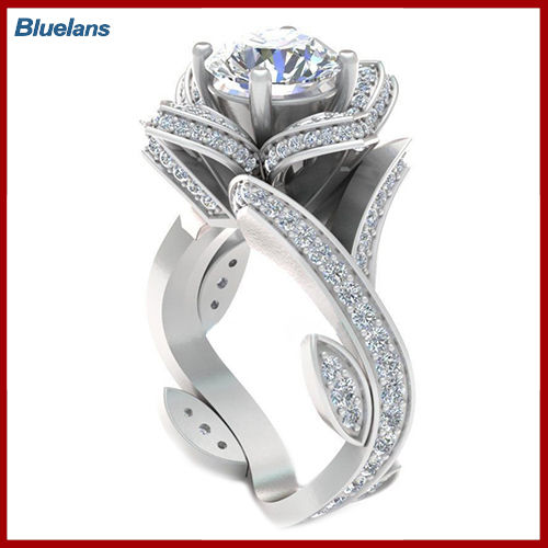 Bluelans®แหวนข้อนิ้วมือเพทายที่เป็นประกายใบไม้ดอกไม้งานแต่งงาน Kado Romantis ผู้หญิง