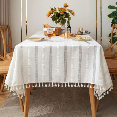 【LZ】✶  Cotton Linen Vintage Rustic White Cutout Ornament Table Cloth with Tassel Rectangular TableCloth Tablecloth Cover Towel Decor